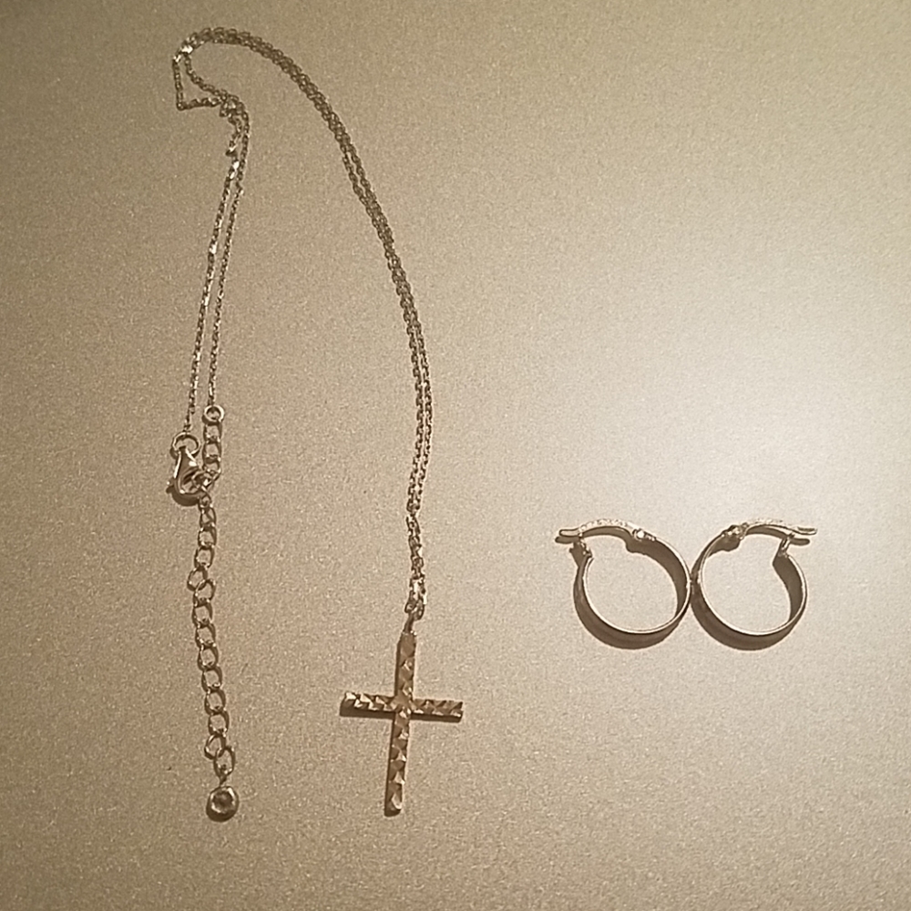 Hoop earrings and Cross pendant necklace
